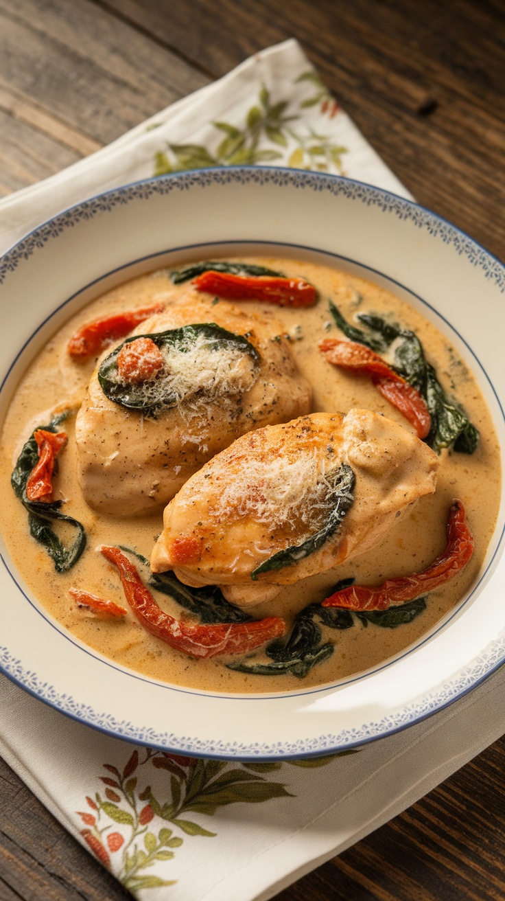 Creamy Tuscan chicken with sun-dried tomatoes and spinach on a rustic table.